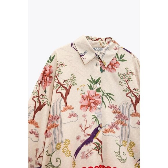 NWOT Zara champagne and coral floral, nature printed PJ inspired blouse, L - Picture 8 of 13